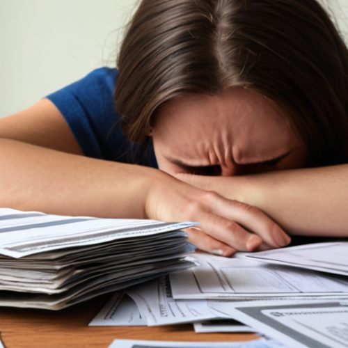 Home 4 **
Prompt: "A person looking stressed and overwhelmed by bills and debt notices, with a blurred background of unopened mail. Emphasize feelings of anxiety and denial."
**