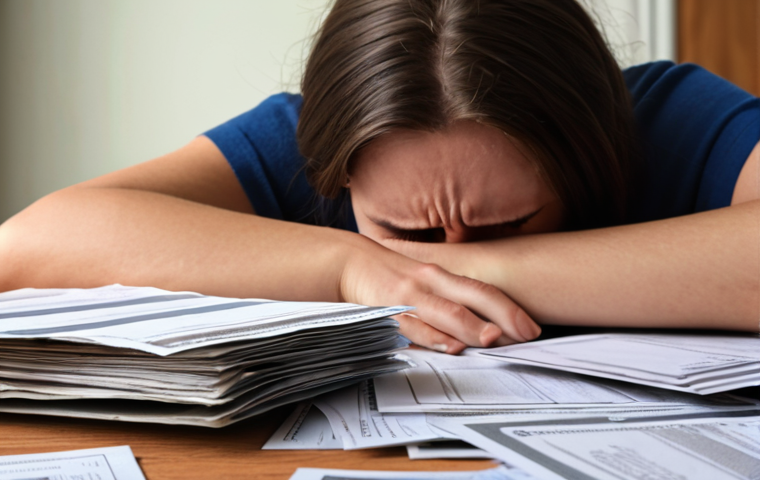 **
Prompt: "A person looking stressed and overwhelmed by bills and debt notices, with a blurred background of unopened mail. Emphasize feelings of anxiety and denial."
**