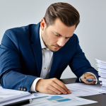 A professional individual, fully clothed in a modest business suit, sits at a clean desk covered with piles of financial documents. They hold a magnifying glass, intently examining dense, small print on a contract, their expression conveying focused concentration and slight confusion. The setting is a modern, well-lit office with a minimalist background. safe for work, appropriate content, fully clothed, professional dress, perfect anatomy, correct proportions, natural pose, well-formed hands, proper finger count, natural body proportions, professional photography, high quality, family-friendly.