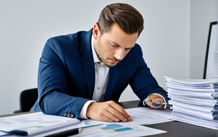 A professional individual, fully clothed in a modest business suit, sits at a clean desk covered with piles of financial documents. They hold a magnifying glass, intently examining dense, small print on a contract, their expression conveying focused concentration and slight confusion. The setting is a modern, well-lit office with a minimalist background. safe for work, appropriate content, fully clothed, professional dress, perfect anatomy, correct proportions, natural pose, well-formed hands, proper finger count, natural body proportions, professional photography, high quality, family-friendly.