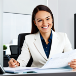 **

"A professional businesswoman in a modern, brightly lit office setting, reviewing financial documents at her desk. She is wearing a modest business suit, fully clothed, and smiling slightly. The scene emphasizes financial planning and strategic decision-making. safe for work, appropriate content, professional, perfect anatomy, natural proportions, high quality."

**