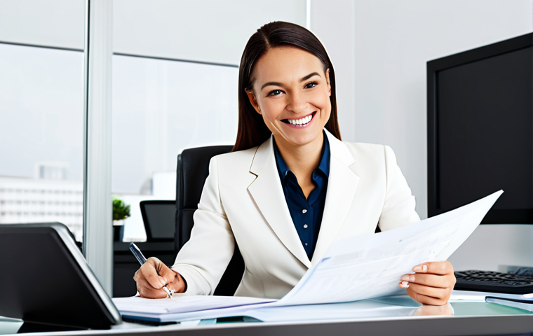 **

"A professional businesswoman in a modern, brightly lit office setting, reviewing financial documents at her desk. She is wearing a modest business suit, fully clothed, and smiling slightly. The scene emphasizes financial planning and strategic decision-making. safe for work, appropriate content, professional, perfect anatomy, natural proportions, high quality."

**