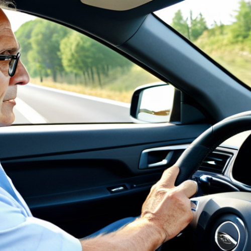 Home 19 Efficient Driving**
"A modern car driving smoothly on a highway, showcasing a light touch on the accelerator pedal. The landscape is sunny and clear. The driver is a mature adult, dressed professionally and focused on the road. The image emphasizes fuel efficiency through gentle acceleration and anticipating traffic. Appropriate attire, professional driver, safe for work, family-friendly, correct proportions, well-formed hands, natural body proportions, professional photography, high quality."
**