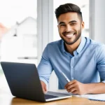 대출 신청서 작성 요령 - **Prompt:** A diverse young adult, wearing stylish casual business attire (such as a crisp button-do...