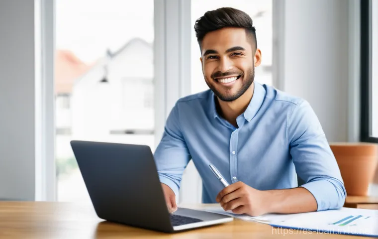 대출 신청서 작성 요령 - **Prompt:** A diverse young adult, wearing stylish casual business attire (such as a crisp button-do...