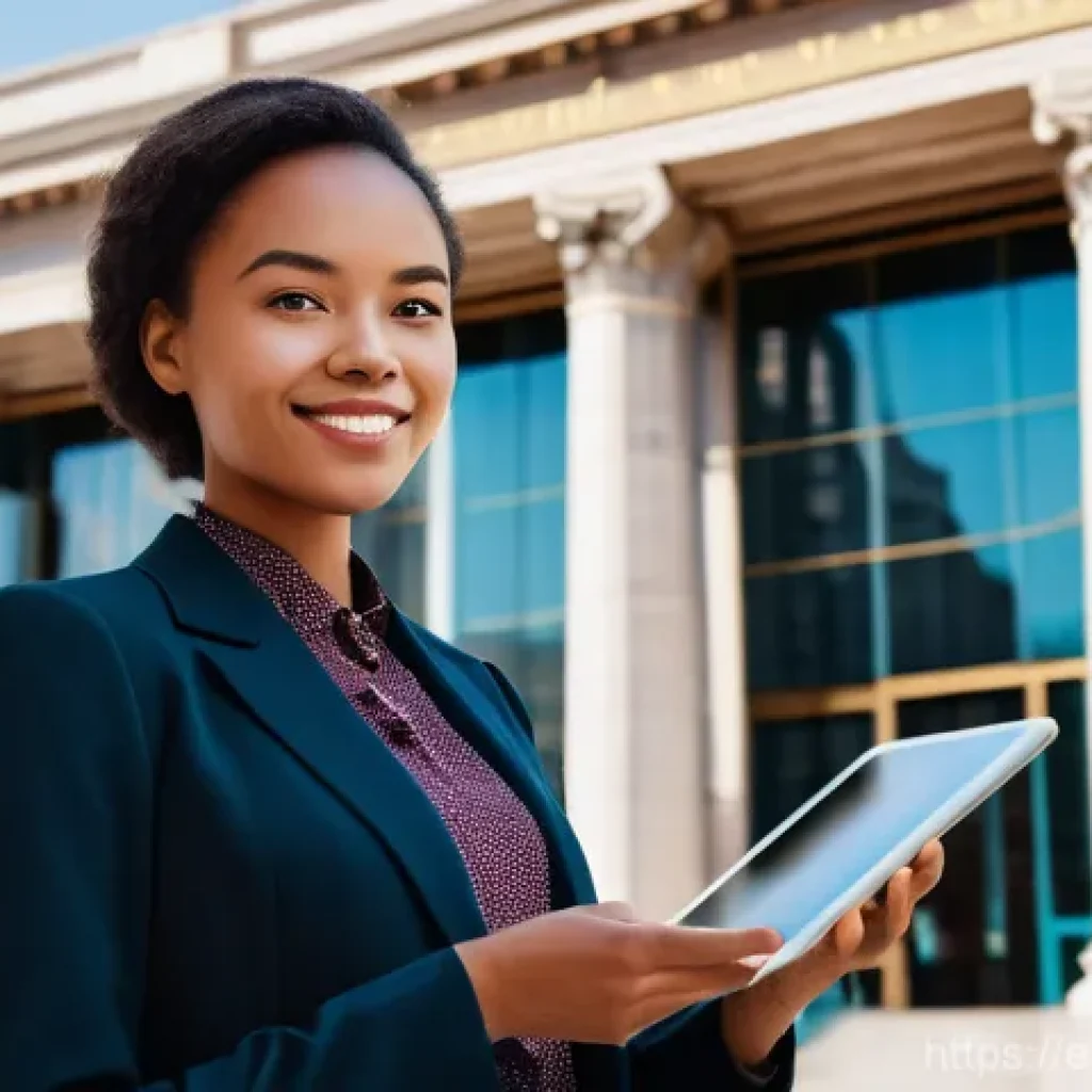 캐피탈 대출 이자율 비교 - **Prompt:** "A young adult, perhaps a woman in smart business casual attire, stands confidently at a...