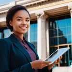 캐피탈 대출 이자율 비교 - **Prompt:** "A young adult, perhaps a woman in smart business casual attire, stands confidently at a...