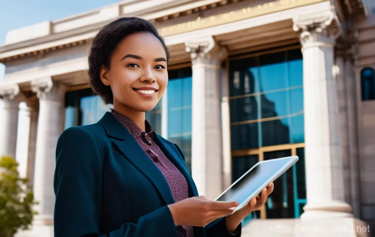 캐피탈 대출 이자율 비교 - **Prompt:** "A young adult, perhaps a woman in smart business casual attire, stands confidently at a...