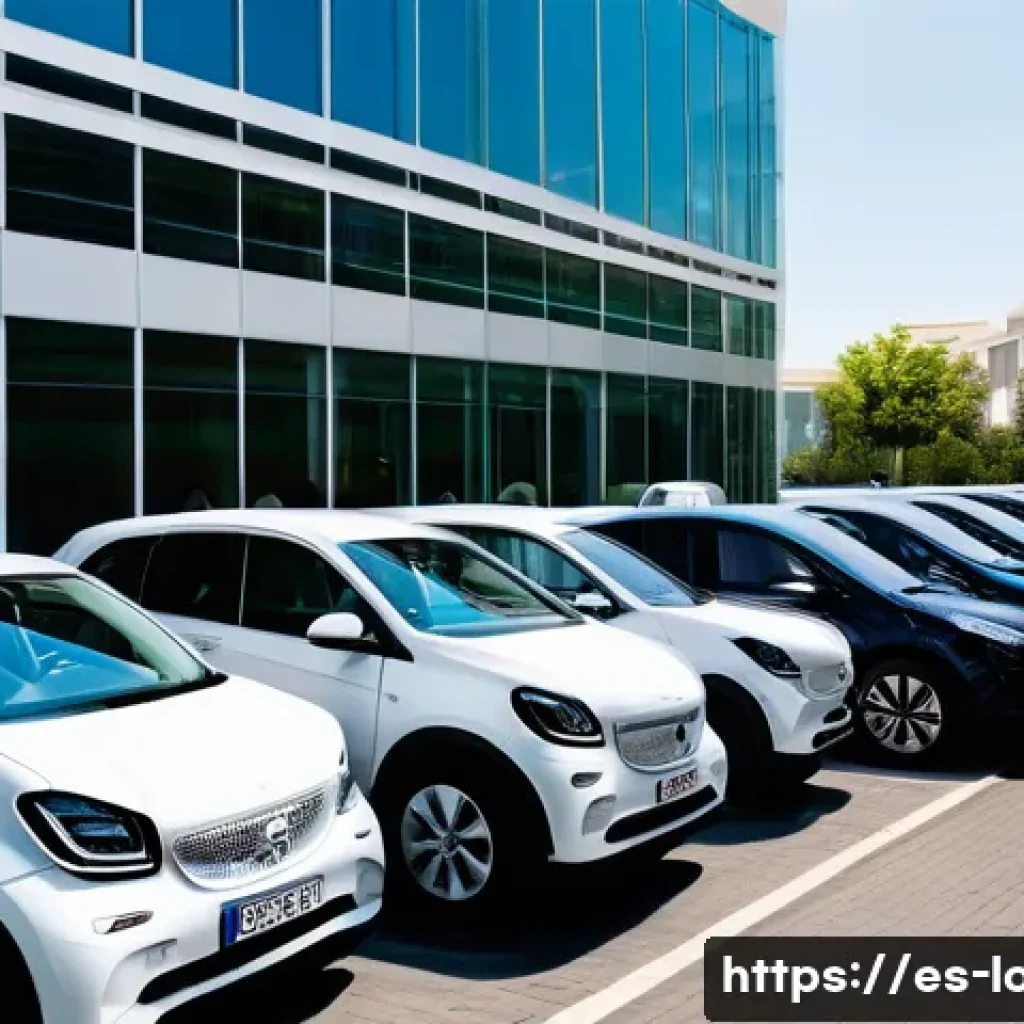 사업용 자동차 리스 - A professional business fleet scene in a modern Spanish city, featuring a variety of clean, eco-frie...