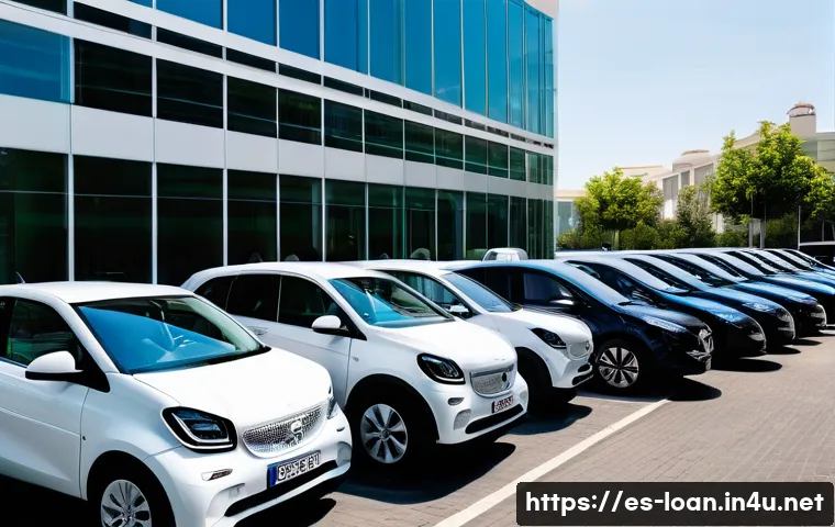 사업용 자동차 리스 - A professional business fleet scene in a modern Spanish city, featuring a variety of clean, eco-frie...