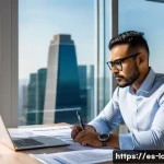 Home 21 사업자 대출 신청 방법 - A professional small business owner in Mexico City sitting at a modern office desk, reviewing detail...