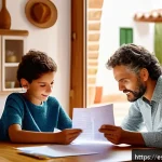 Home 20 주택담보대출 상환 방식 - A modern Spanish family sitting at a cozy dining table in a bright, stylish home, reviewing mortgage...