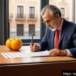 Home 18 자동차 리스 중도 해지 - A professional setting inside a modern Spanish financial office, showing a well-dressed middle-aged ...