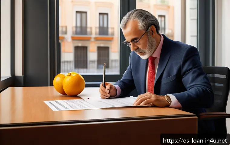 자동차 리스 중도 해지 - A professional setting inside a modern Spanish financial office, showing a well-dressed middle-aged ...