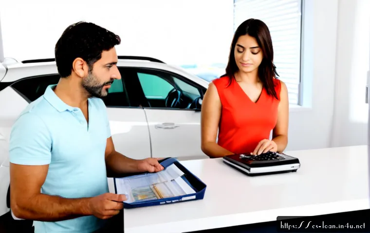자동차 리스 초기 비용 - Photorealistic Spanish family reviewing initial car lease costs at a bright modern dealership desk, ...